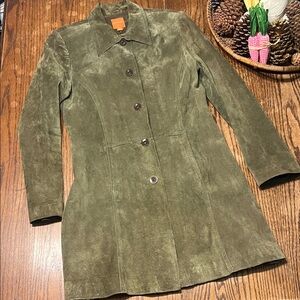 Anonymous John Carlisle Olive Suede Button-Front Leather Jacket Trench Coat